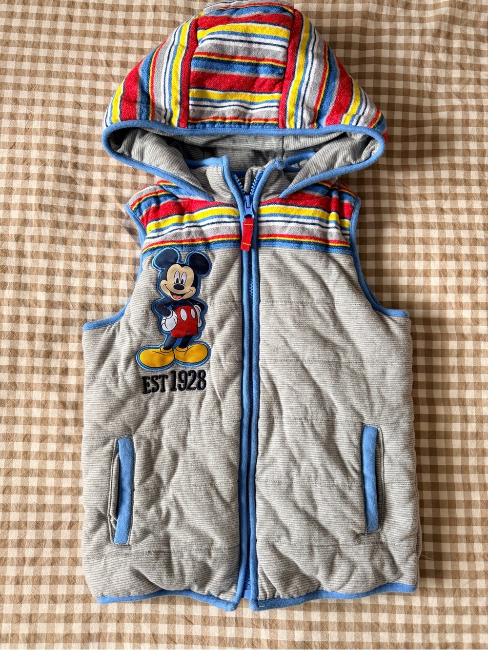 Disney Mickey Mouse Gray Hooded Vest with Red, Yellow & Blue Stripes